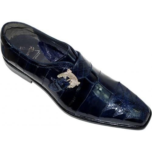Romano "Divo" Navy Genuine Crocodile / Eel  Shoes With Crocodile Buckle